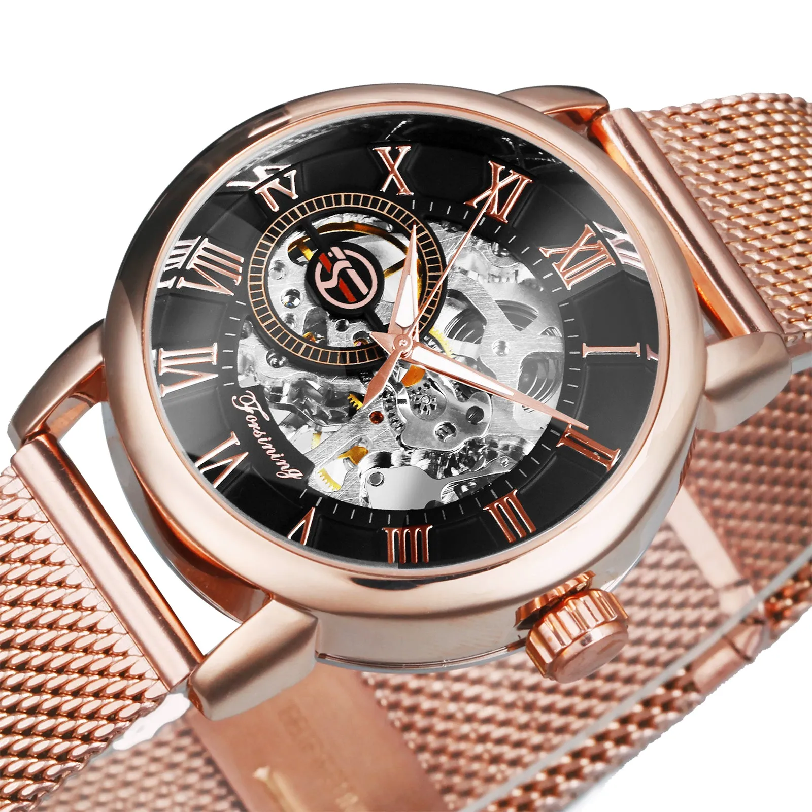 Forsining Fashion Rose Golden Skeleton Mechanical Watch for Women Luminous Hands Mesh Stainless Steel Strap Luxury Elegant Watches7006H
