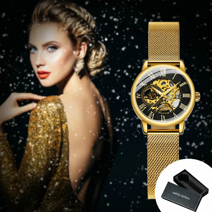 Forsining Fashion Rose Golden Skeleton Mechanical Watch for Women Luminous Hands Mesh Stainless Steel Strap Luxury Elegant Watches7006H