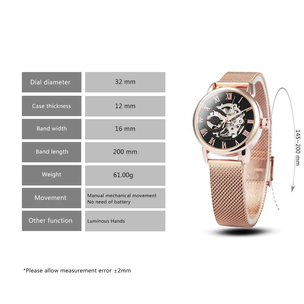 Forsining Fashion Rose Golden Skeleton Mechanical Watch for Women Luminous Hands Mesh Stainless Steel Strap Luxury Elegant Watches7006H