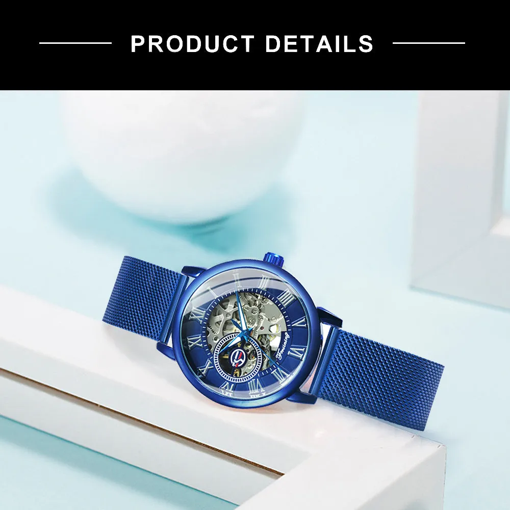 Forsining Fashion Rose Golden Skeleton Mechanical Watch for Women Luminous Hands Mesh Stainless Steel Strap Luxury Elegant Watches7006H
