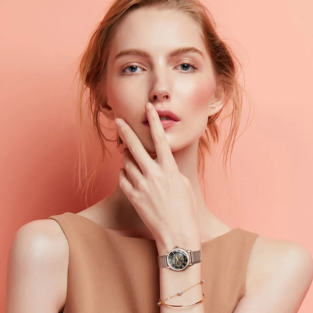 Forsining Fashion Rose Golden Skeleton Mechanical Watch for Women Luminous Hands Mesh Stainless Steel Strap Luxury Elegant Watches7006H