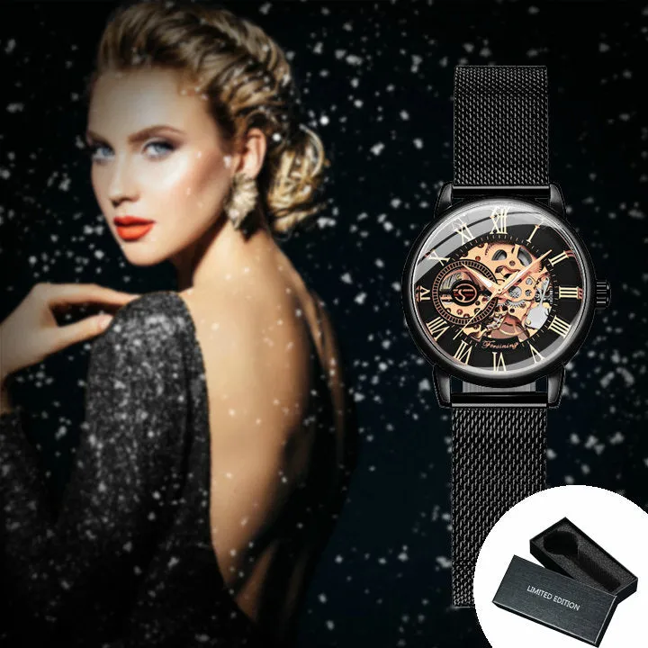 Forsining Fashion Rose Golden Skeleton Mechanical Watch for Women Luminous Hands Mesh Stainless Steel Strap Luxury Elegant Watches7006H