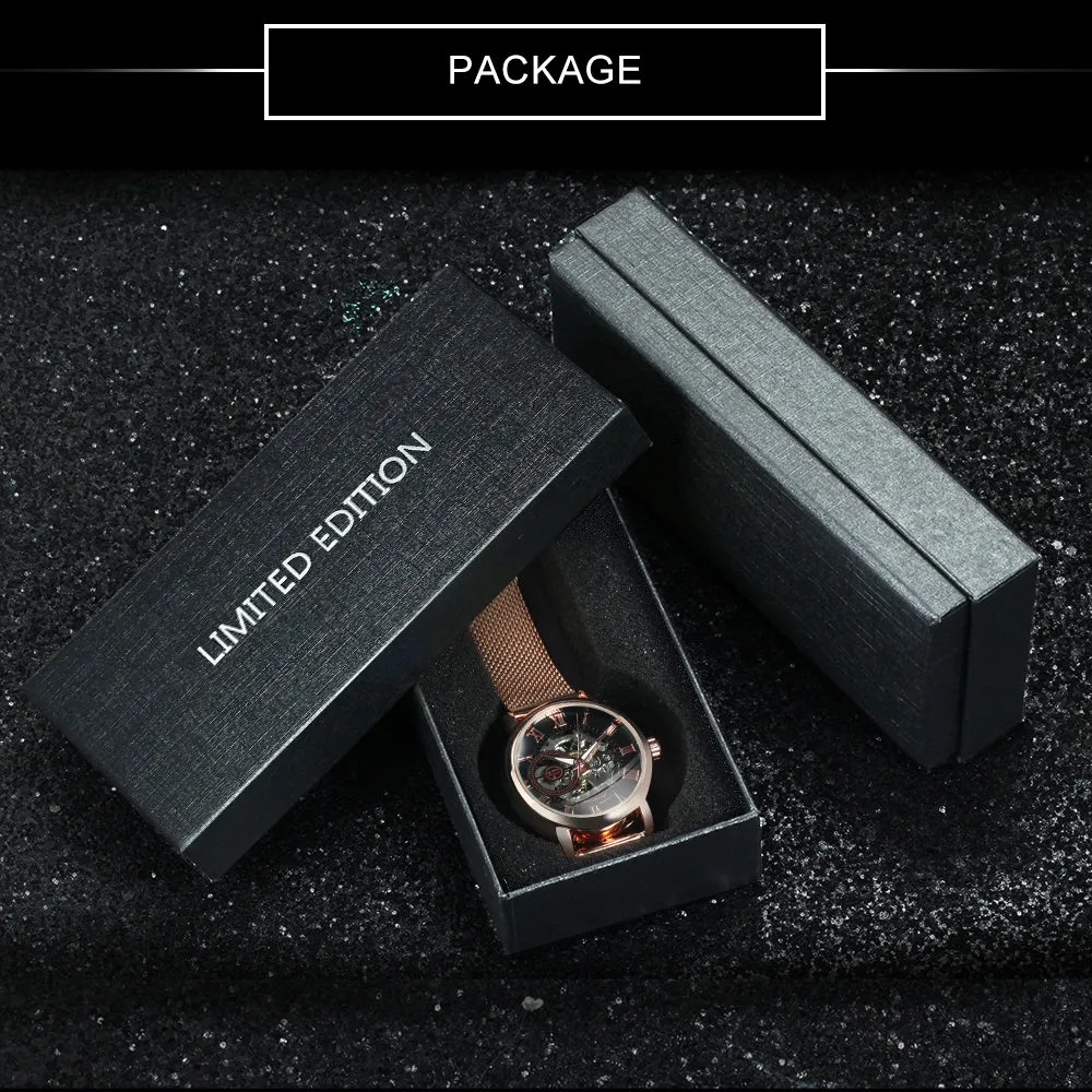 Forsining Fashion Rose Golden Skeleton Mechanical Watch for Women Luminous Hands Mesh Stainless Steel Strap Luxury Elegant Watches7006H