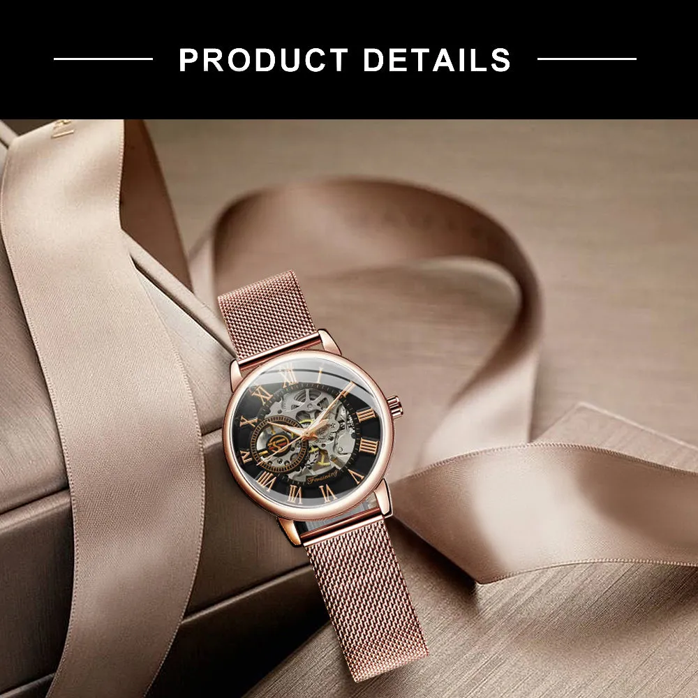 Forsining Fashion Rose Golden Skeleton Mechanical Watch for Women Luminous Hands Mesh Stainless Steel Strap Luxury Elegant Watches7006H