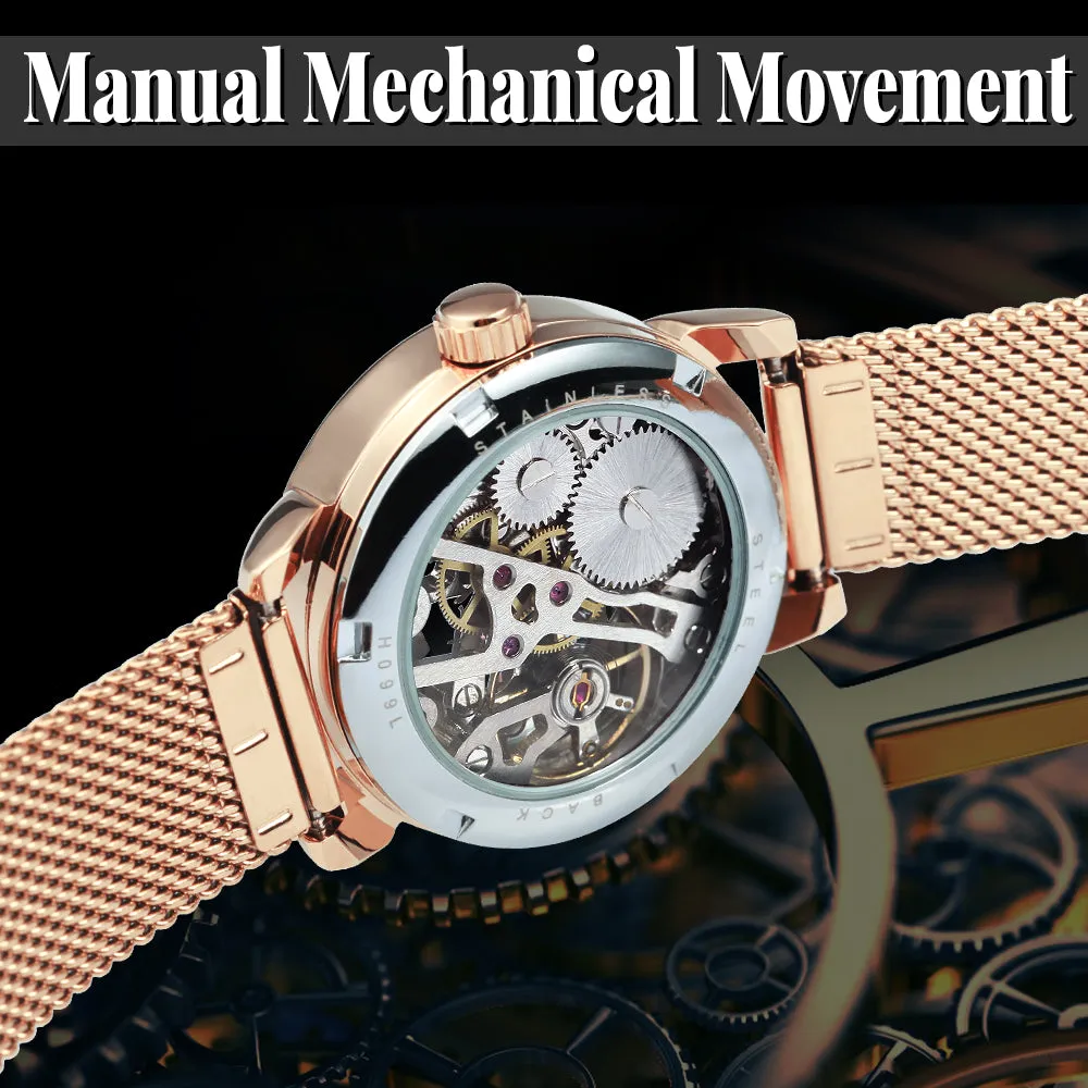 Forsining Fashion Rose Golden Skeleton Mechanical Watch for Women Luminous Hands Mesh Stainless Steel Strap Luxury Elegant Watches7006H