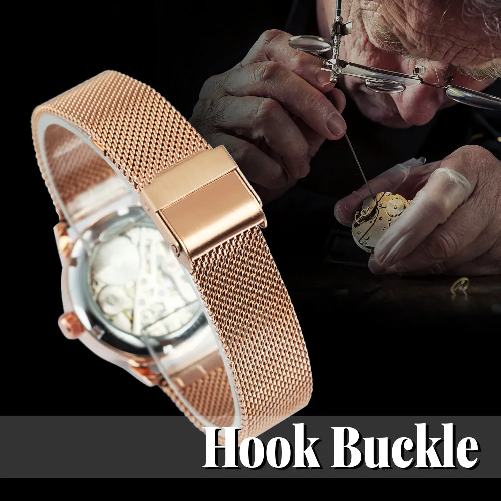 Forsining Fashion Rose Golden Skeleton Mechanical Watch for Women Luminous Hands Mesh Stainless Steel Strap Luxury Elegant Watches7006H