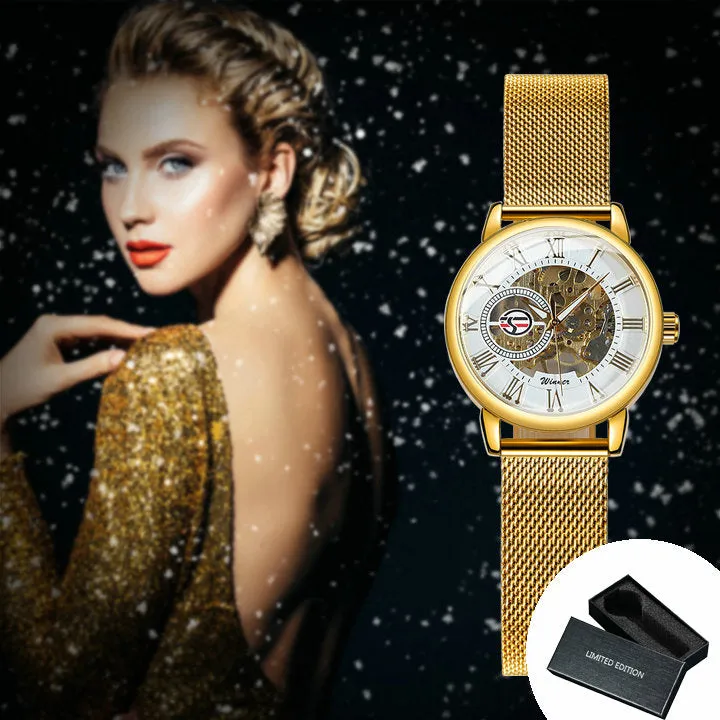 Forsining Fashion Rose Golden Skeleton Mechanical Watch for Women Luminous Hands Mesh Stainless Steel Strap Luxury Elegant Watches7006H