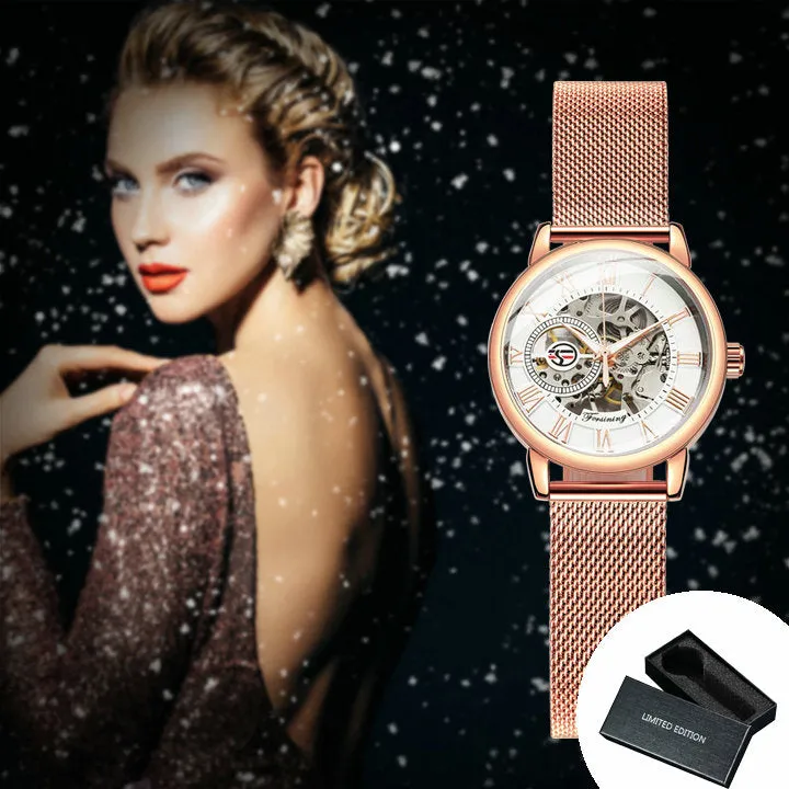 Forsining Fashion Rose Golden Skeleton Mechanical Watch for Women Luminous Hands Mesh Stainless Steel Strap Luxury Elegant Watches7006H