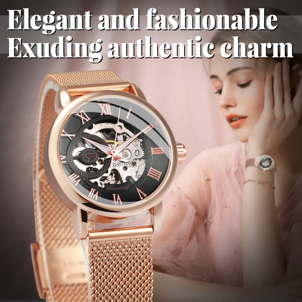 Forsining Fashion Rose Golden Skeleton Mechanical Watch for Women Luminous Hands Mesh Stainless Steel Strap Luxury Elegant Watches7006H