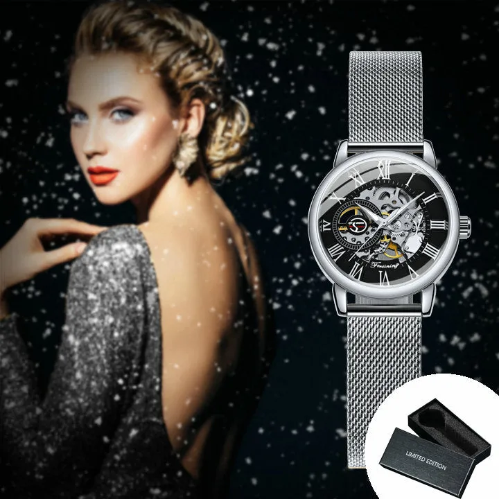 Forsining Fashion Rose Golden Skeleton Mechanical Watch for Women Luminous Hands Mesh Stainless Steel Strap Luxury Elegant Watches7006H