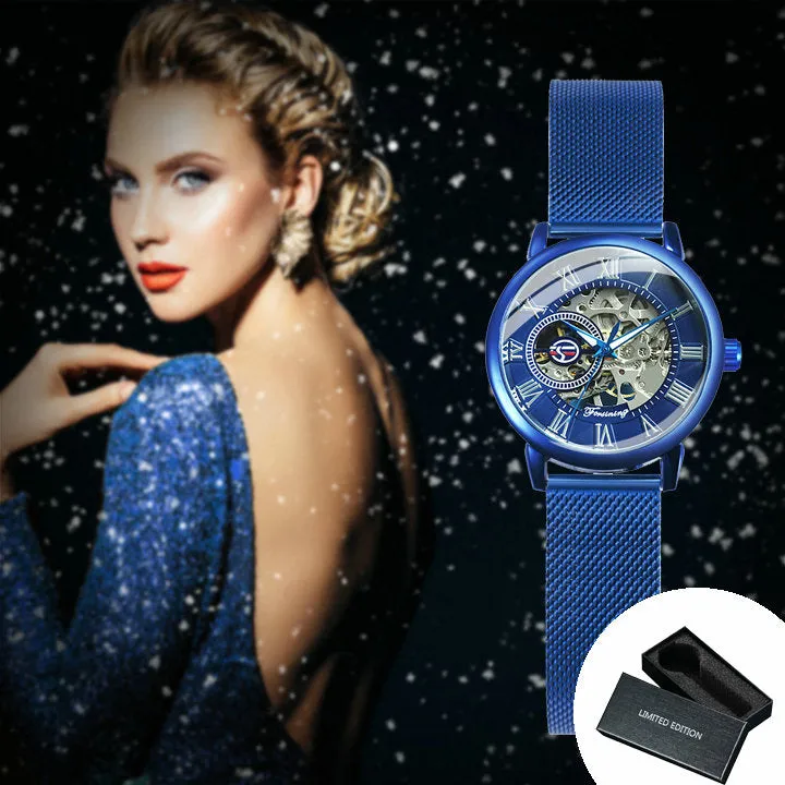 Forsining Fashion Rose Golden Skeleton Mechanical Watch for Women Luminous Hands Mesh Stainless Steel Strap Luxury Elegant Watches7006H