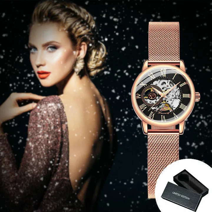 Forsining Fashion Rose Golden Skeleton Mechanical Watch for Women Luminous Hands Mesh Stainless Steel Strap Luxury Elegant Watches7006H