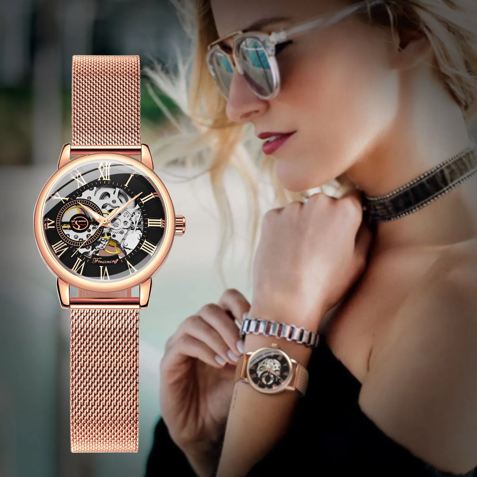 Forsining Fashion Rose Golden Skeleton Mechanical Watch for Women Luminous Hands Mesh Stainless Steel Strap Luxury Elegant Watches7006H