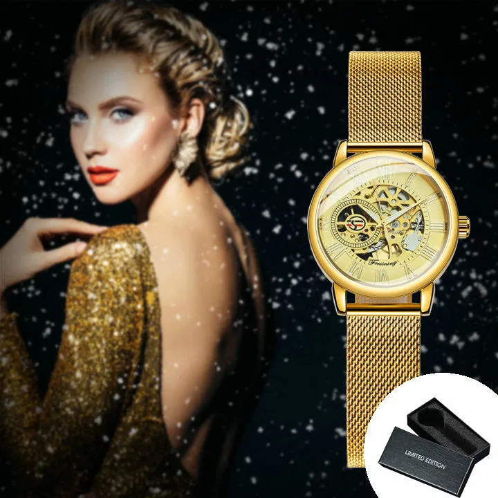Forsining Fashion Rose Golden Skeleton Mechanical Watch for Women Luminous Hands Mesh Stainless Steel Strap Luxury Elegant Watches7006H