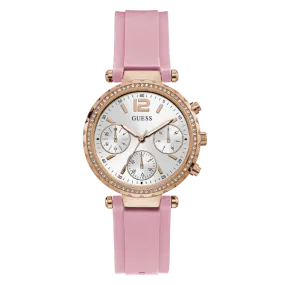 Guess Solstice Pink Silicone Strap Silver Dial Chronograph Quartz Watch for Ladies - GW0113L4
