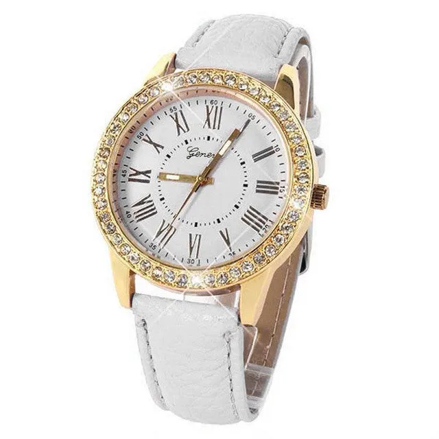 High Quality Durable Bling Gold Crystal Women Luxury Leather Strap Quartz Wrist Watches Relojes Mujer Large Discount