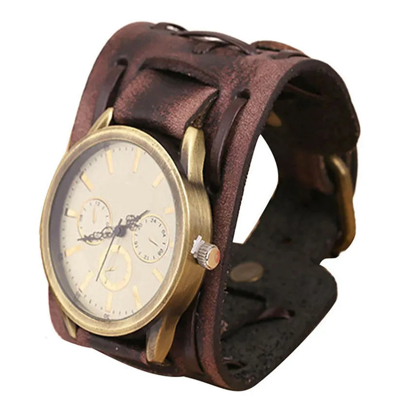 High Quality Retro Punk Rock Brown Big Wide PU Leather Bracelet Watches For Men Business Sports Quartz Watches