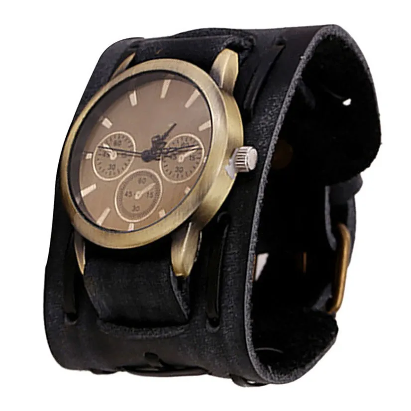 High Quality Retro Punk Rock Brown Big Wide PU Leather Bracelet Watches For Men Business Sports Quartz Watches
