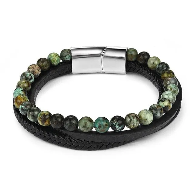 Jiayiqi 6MM Natural Stone Men Bracelet Black Genuine Leather Magnetic Buckle Bangle 18.5/20.5/22cm Male Jewelry