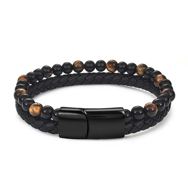 Jiayiqi 6MM Natural Stone Men Bracelet Black Genuine Leather Magnetic Buckle Bangle 18.5/20.5/22cm Male Jewelry