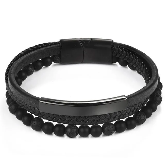 Jiayiqi 6MM Natural Stone Men Bracelet Black Genuine Leather Magnetic Buckle Bangle 18.5/20.5/22cm Male Jewelry