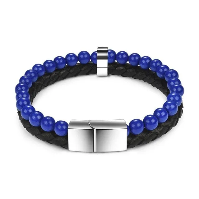 Jiayiqi 6MM Natural Stone Men Bracelet Black Genuine Leather Magnetic Buckle Bangle 18.5/20.5/22cm Male Jewelry