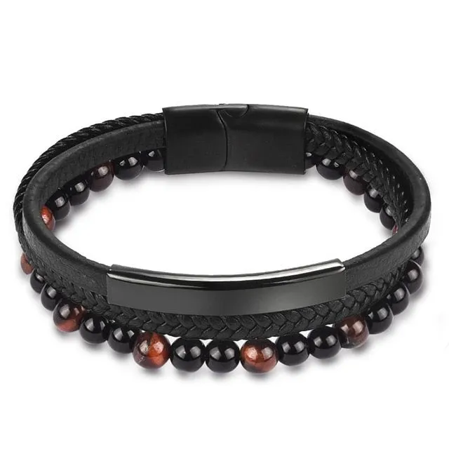 Jiayiqi 6MM Natural Stone Men Bracelet Black Genuine Leather Magnetic Buckle Bangle 18.5/20.5/22cm Male Jewelry