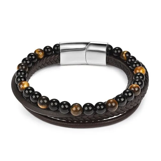 Jiayiqi 6MM Natural Stone Men Bracelet Black Genuine Leather Magnetic Buckle Bangle 18.5/20.5/22cm Male Jewelry