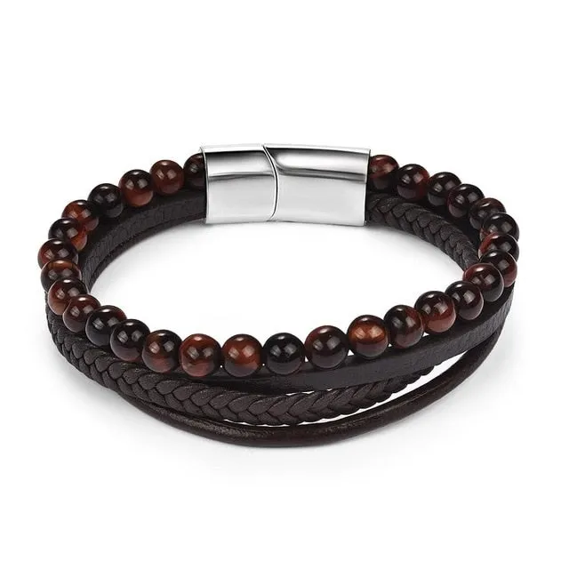 Jiayiqi 6MM Natural Stone Men Bracelet Black Genuine Leather Magnetic Buckle Bangle 18.5/20.5/22cm Male Jewelry
