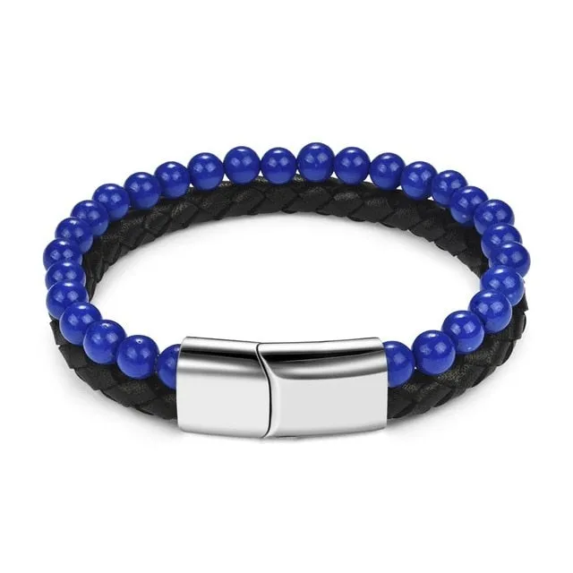 Jiayiqi 6MM Natural Stone Men Bracelet Black Genuine Leather Magnetic Buckle Bangle 18.5/20.5/22cm Male Jewelry