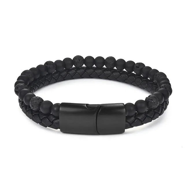 Jiayiqi 6MM Natural Stone Men Bracelet Black Genuine Leather Magnetic Buckle Bangle 18.5/20.5/22cm Male Jewelry