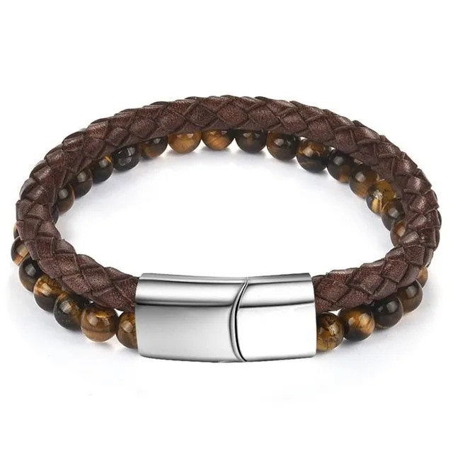 Jiayiqi 6MM Natural Stone Men Bracelet Black Genuine Leather Magnetic Buckle Bangle 18.5/20.5/22cm Male Jewelry