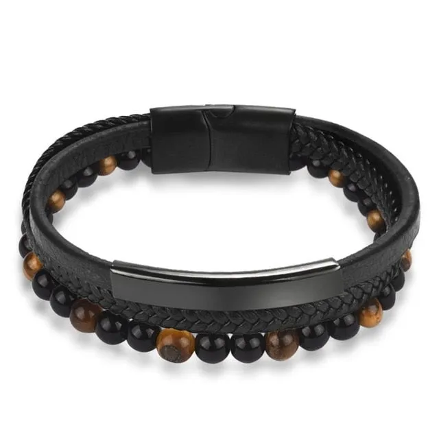 Jiayiqi 6MM Natural Stone Men Bracelet Black Genuine Leather Magnetic Buckle Bangle 18.5/20.5/22cm Male Jewelry