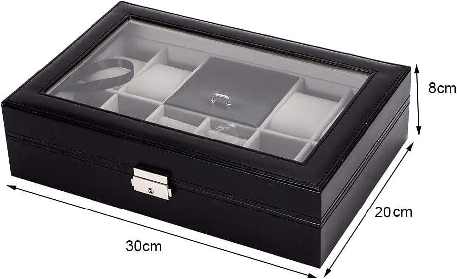 KriShyam® Watch Box Organizer 8 Slot Watch 2 Slots Grids for Ring Stud Earrings Watches Storage Organizer Multipurpose Grids PU Leather Transparent Top Cover,Black