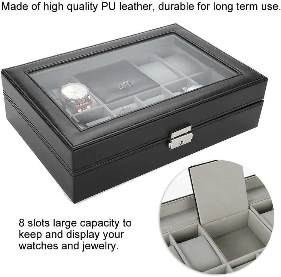 KriShyam® Watch Box Organizer 8 Slot Watch 2 Slots Grids for Ring Stud Earrings Watches Storage Organizer Multipurpose Grids PU Leather Transparent Top Cover,Black