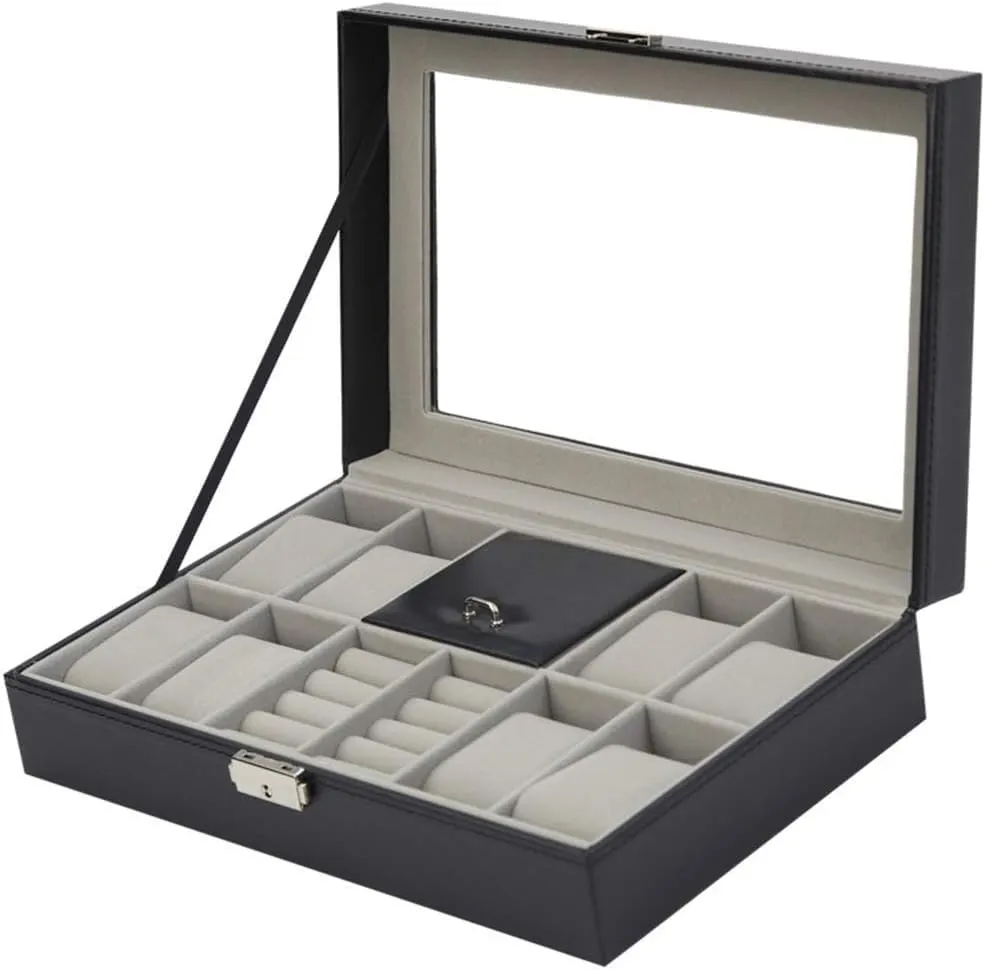 KriShyam® Watch Box Organizer 8 Slot Watch 2 Slots Grids for Ring Stud Earrings Watches Storage Organizer Multipurpose Grids PU Leather Transparent Top Cover,Black