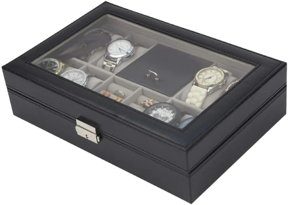 KriShyam® Watch Box Organizer 8 Slot Watch 2 Slots Grids for Ring Stud Earrings Watches Storage Organizer Multipurpose Grids PU Leather Transparent Top Cover,Black