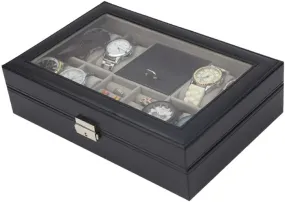 KriShyam® Watch Box Organizer 8 Slot Watch 2 Slots Grids for Ring Stud Earrings Watches Storage Organizer Multipurpose Grids PU Leather Transparent Top Cover,Black