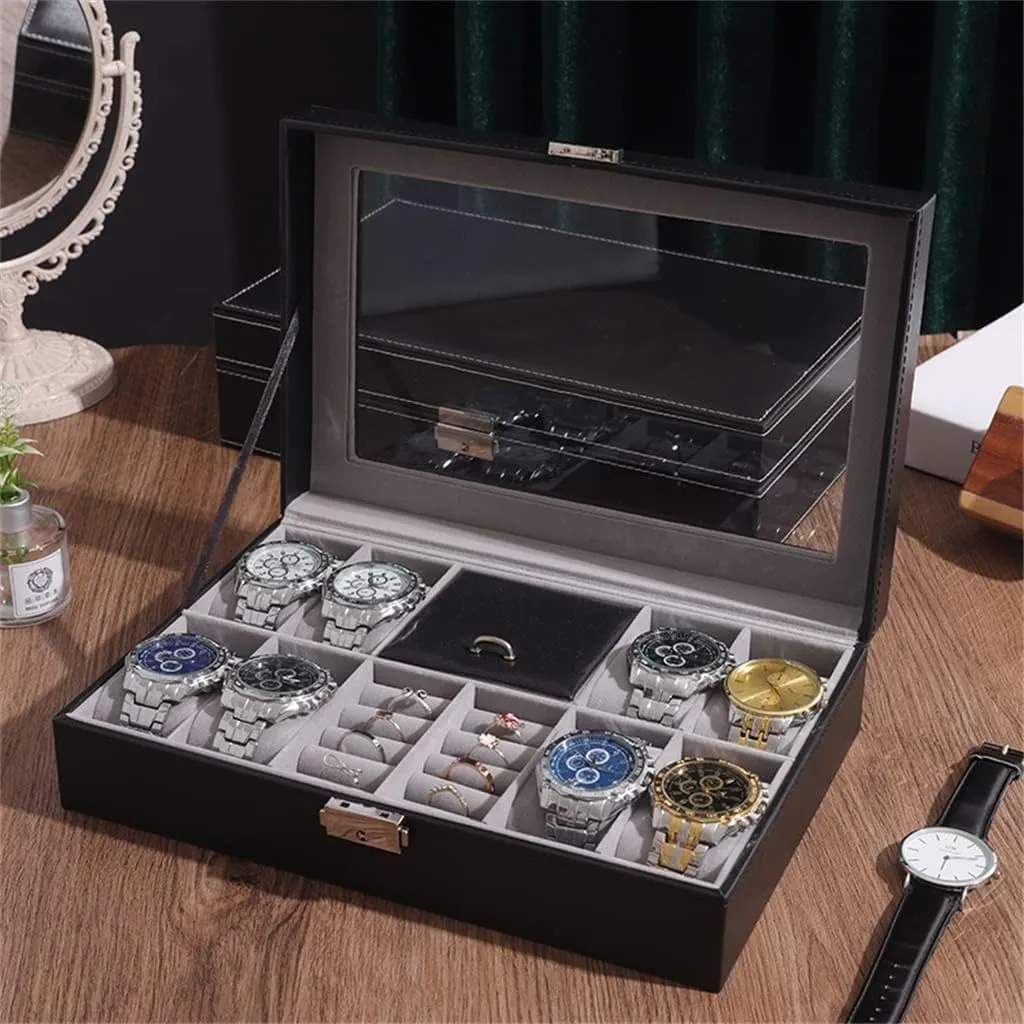 KriShyam® Watch Box Organizer 8 Slot Watch 2 Slots Grids for Ring Stud Earrings Watches Storage Organizer Multipurpose Grids PU Leather Transparent Top Cover,Black