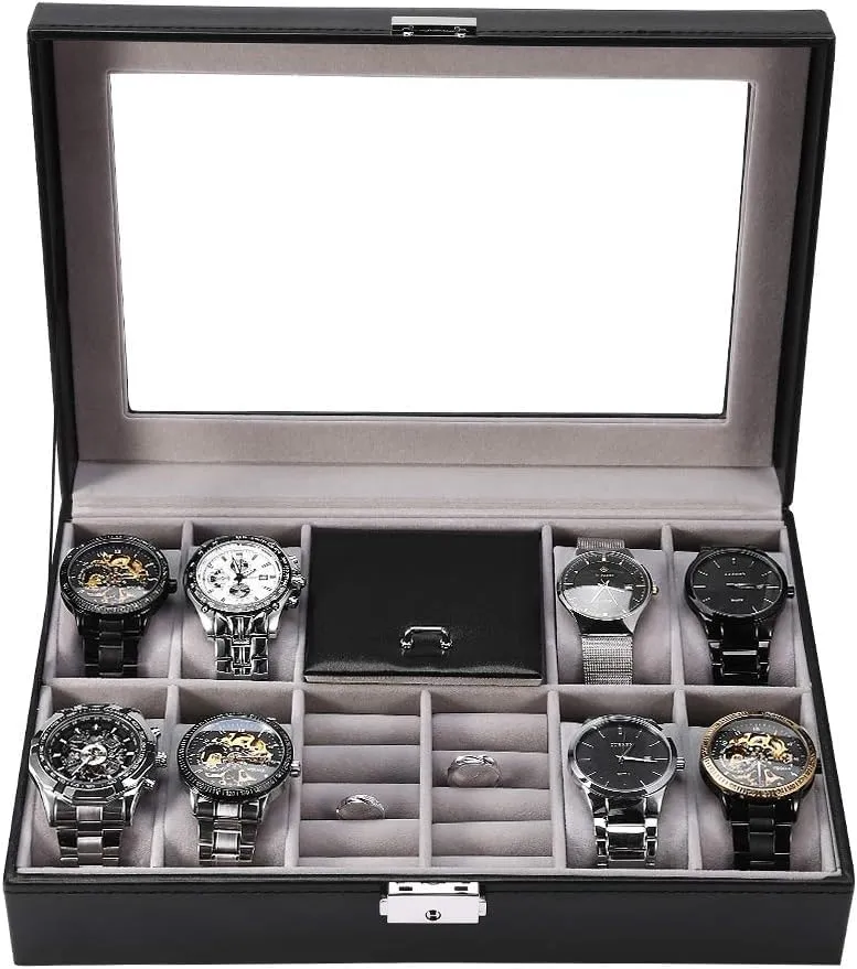 KriShyam® Watch Box Organizer 8 Slot Watch 2 Slots Grids for Ring Stud Earrings Watches Storage Organizer Multipurpose Grids PU Leather Transparent Top Cover,Black