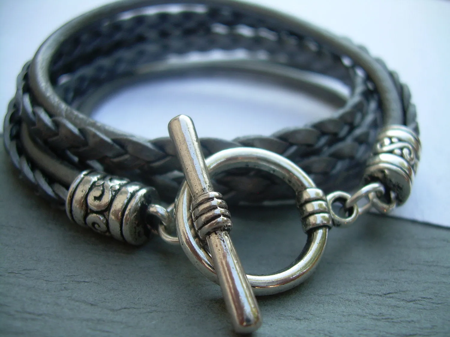 Leather Bracelets, Braided Leather Bracelets for Women, Leather Bracelets for Women, Women's Leather Bracelets, Silver, Grey, Bracelets