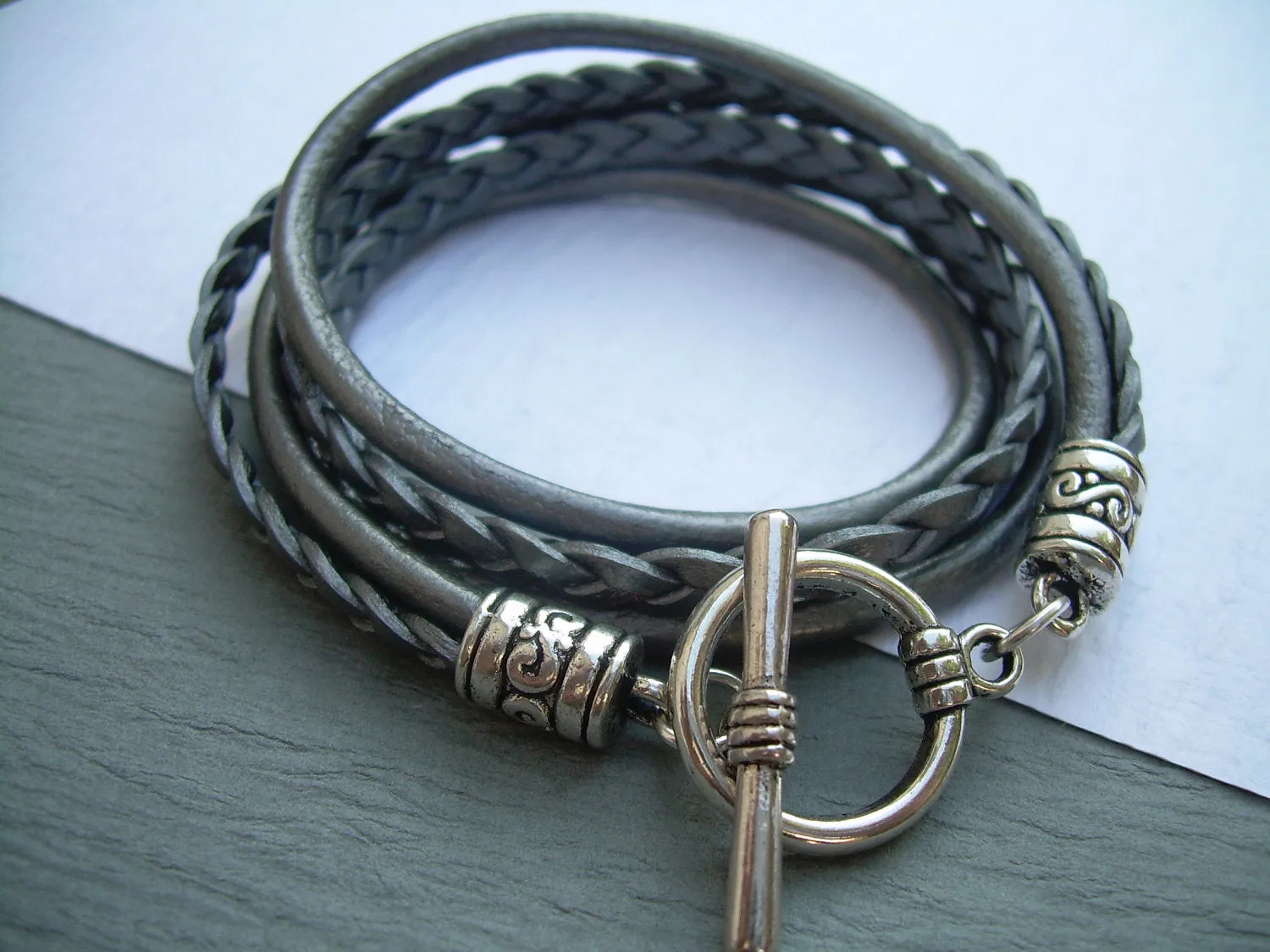 Leather Bracelets, Braided Leather Bracelets for Women, Leather Bracelets for Women, Women's Leather Bracelets, Silver, Grey, Bracelets