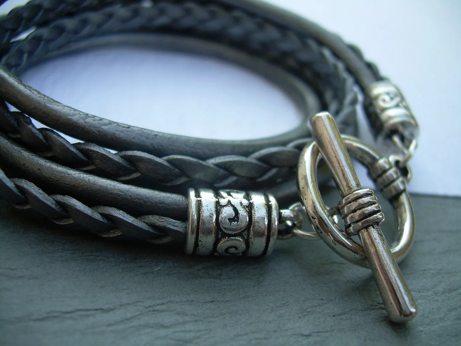 Leather Bracelets, Braided Leather Bracelets for Women, Leather Bracelets for Women, Women's Leather Bracelets, Silver, Grey, Bracelets