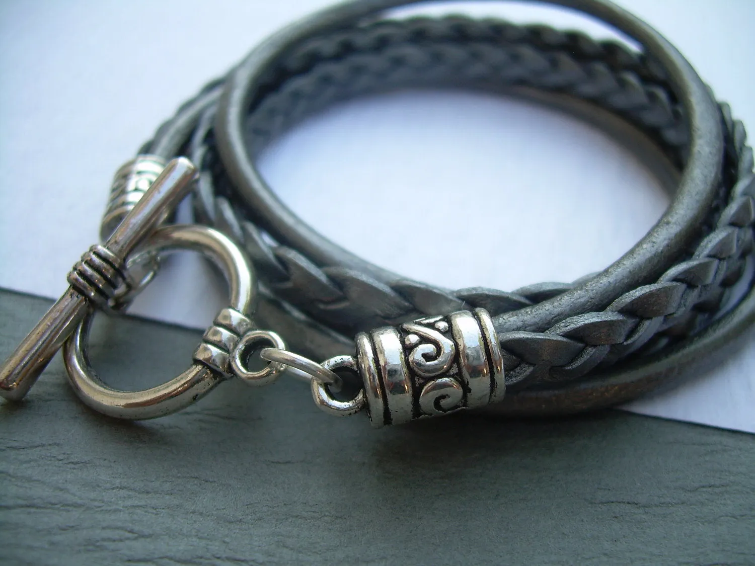 Leather Bracelets, Braided Leather Bracelets for Women, Leather Bracelets for Women, Women's Leather Bracelets, Silver, Grey, Bracelets