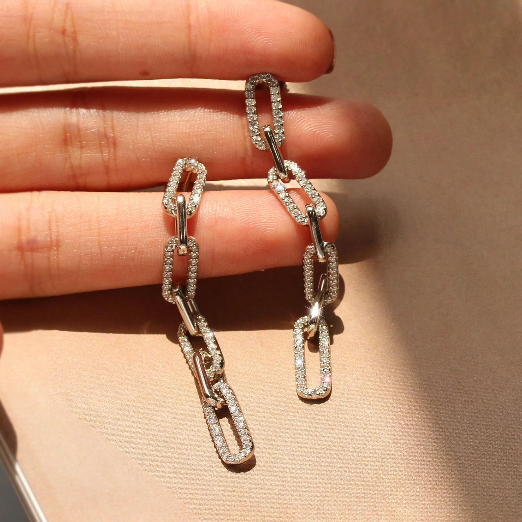 Long Pave Paperclip Chain Earrings