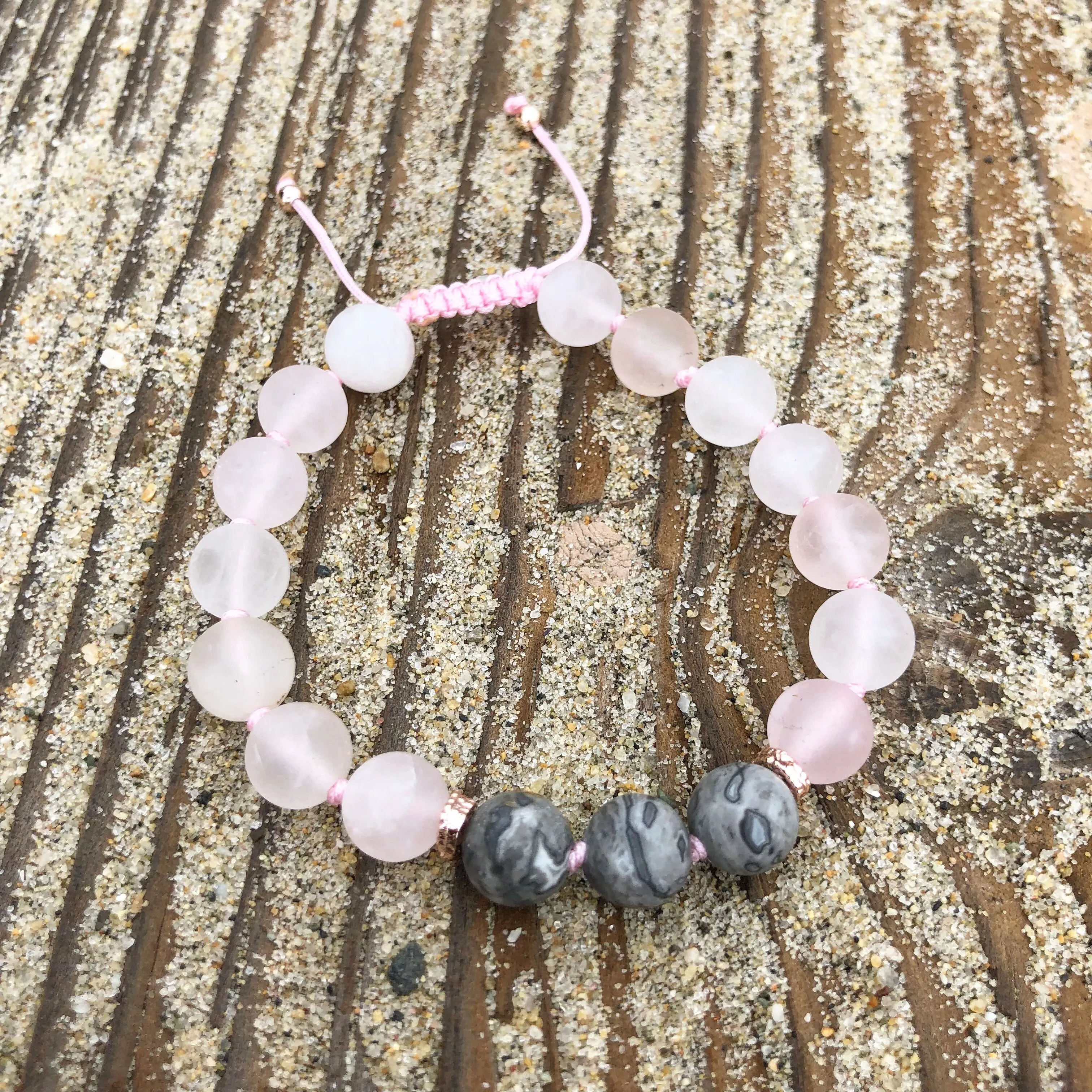 Matte Rose Quartz & Picasso Jasper Adjustable Beaded Bracelet
