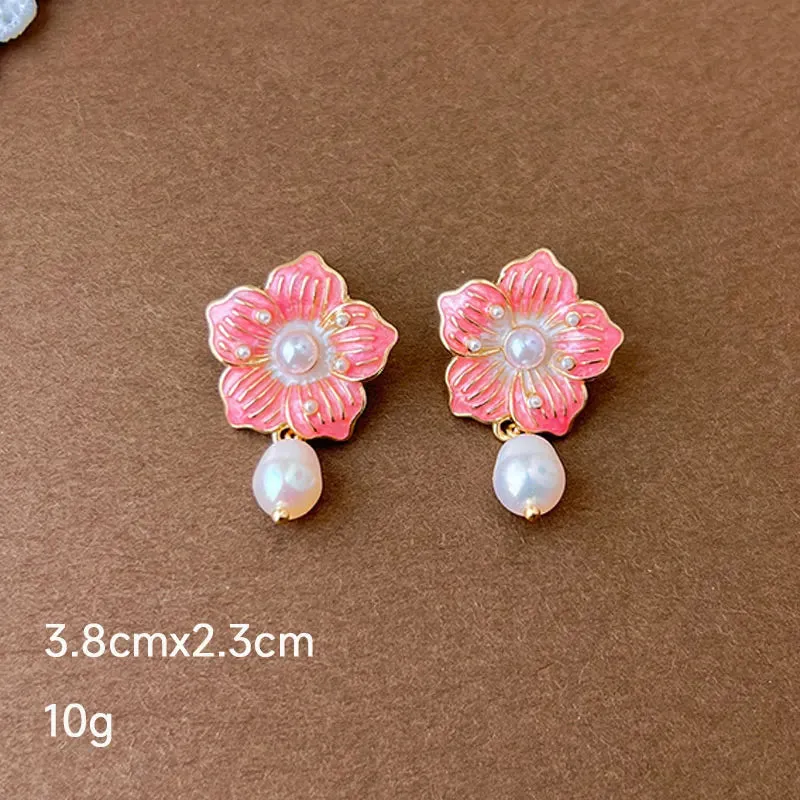 MAYTRENDS  -  Pink Dripping Glaze Flowers Pearl Heart Butterfly Metal Earrings for Women Girl Sweet Vintage Jewelry Gift