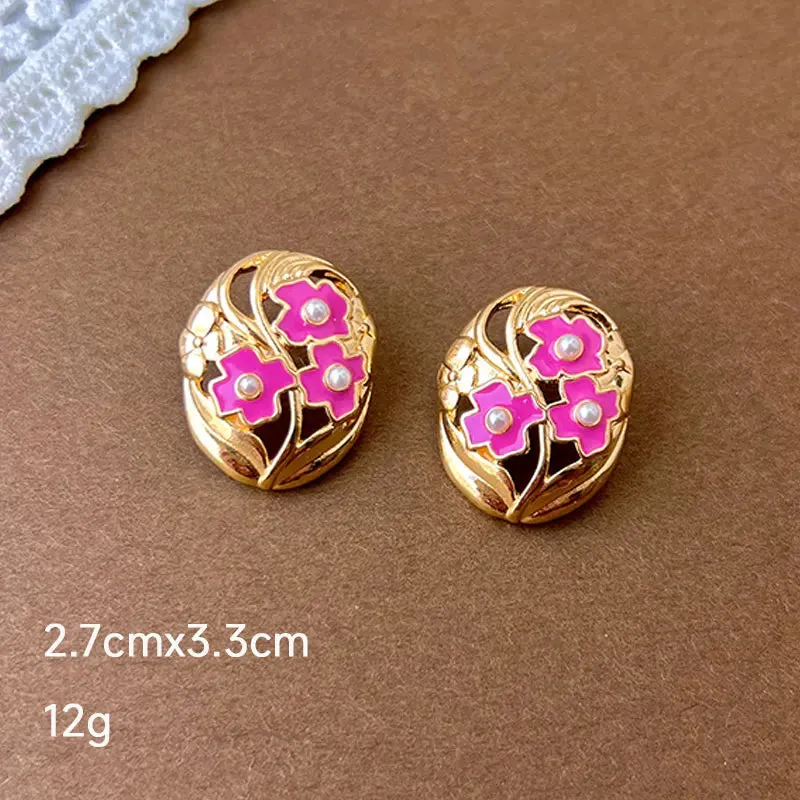 MAYTRENDS  -  Pink Dripping Glaze Flowers Pearl Heart Butterfly Metal Earrings for Women Girl Sweet Vintage Jewelry Gift