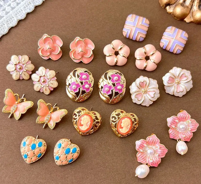 MAYTRENDS  -  Pink Dripping Glaze Flowers Pearl Heart Butterfly Metal Earrings for Women Girl Sweet Vintage Jewelry Gift