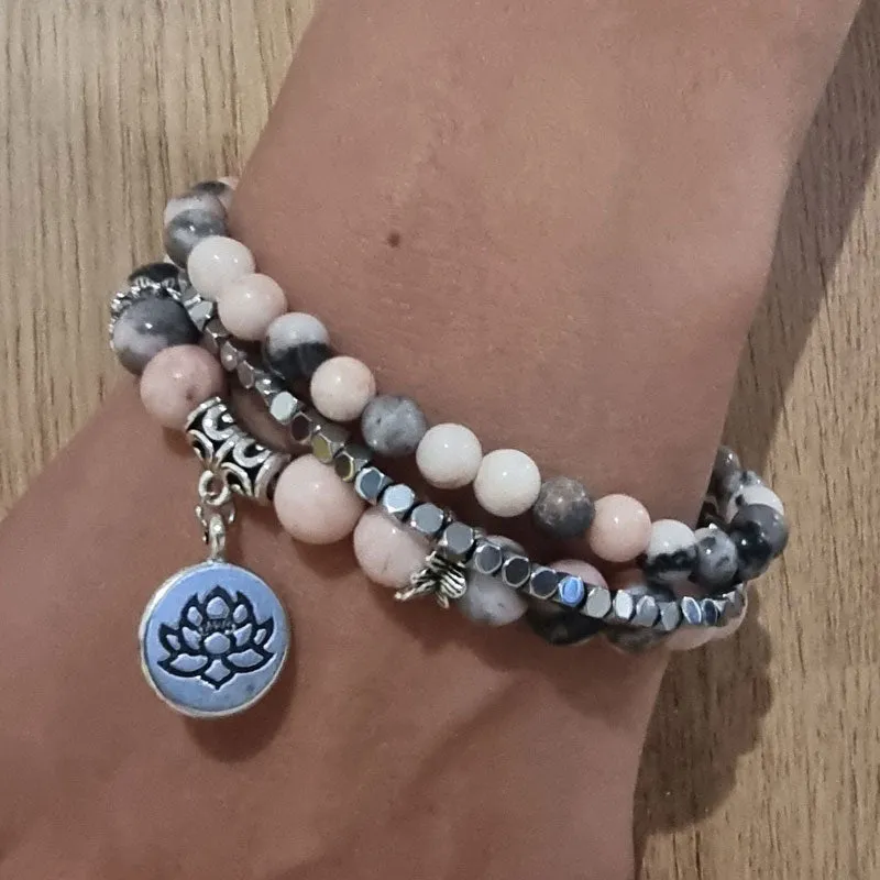 Natural Stone Lotus Triple Stack Bracelet - Boho Pink Zebra Stone